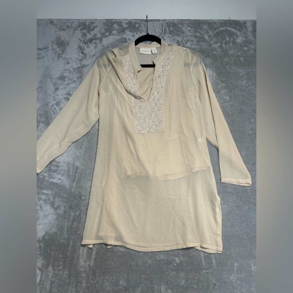 Chicos Sheer Layered Tunic Top Women’s Small 0 Beige beaded